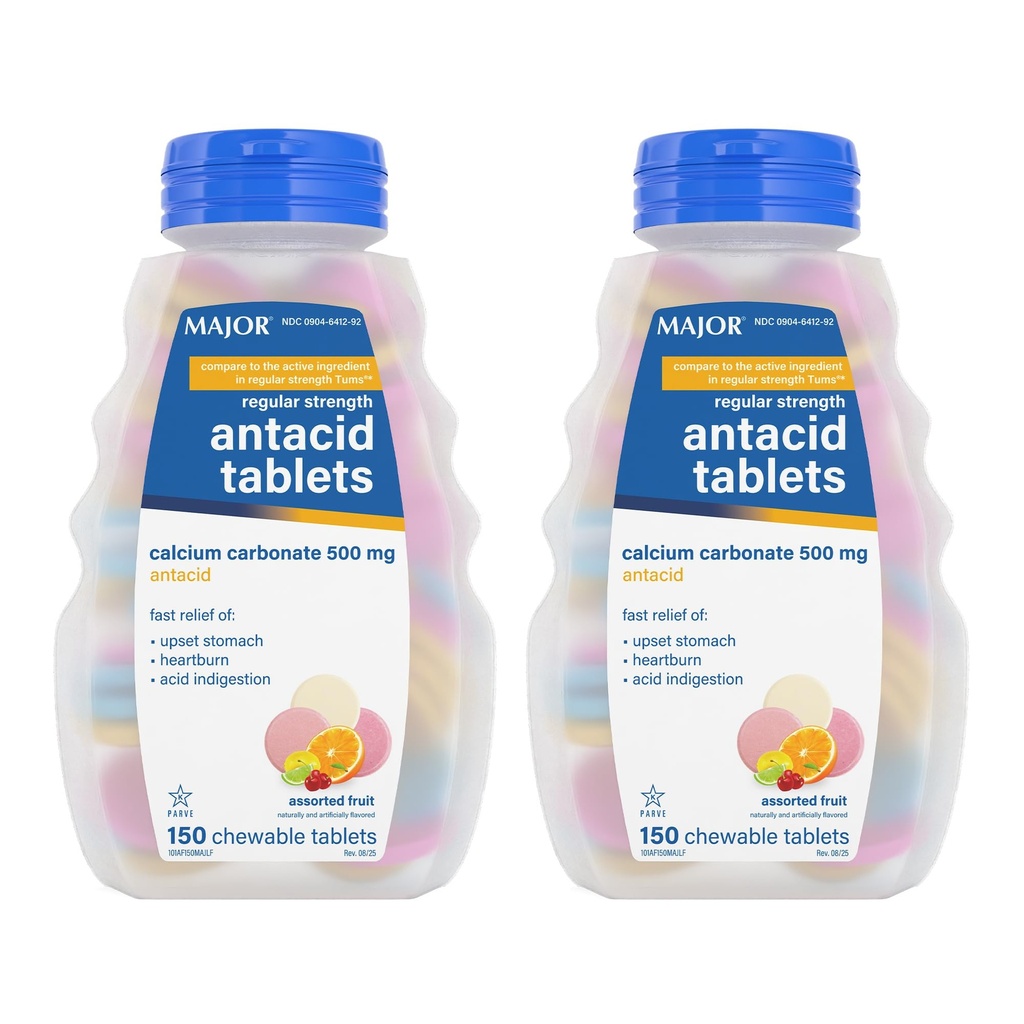 MAJOR Regelmäßige Stärke Antacid Tabletten - Calciumcarbonat 500 mg - Gesortierte Frucht Geschmack - 150 Kaubarer Zähler (2 Pack)