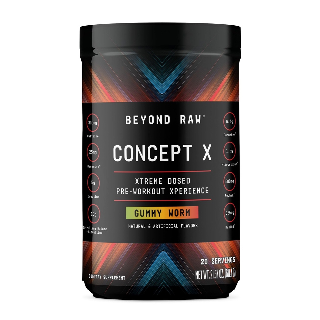 BEYOND RAW Concept X, Clinically Dosed Pre-Workout Powder, Contains Caffeine, L-Citrulline, Creatine, and Beta-Alanine, Gummy Worm Flavor, 20 Servings