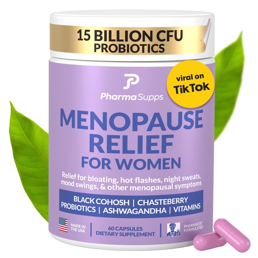 Natürliche Menopause Ergänzungen für Frauen - Perimenopause Ergänzungen für Hormonal Balance, Bloating & Mood Swings | Hot Flashes Menopause Relief w/Probiotics & Prebiotics, Black Cohosh & Chasteberry