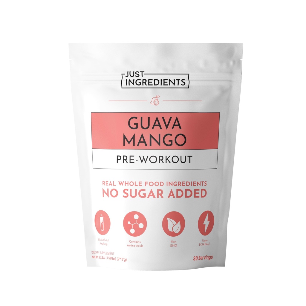 JUST INGREDIENTS Pre-Workout – Guava Mango | 30 Servings | Pre-Workout with Caffeine | BCAA Blend, Beta Alanine, Citrulline Malate, Ginseng, Maca Root, Taurine | Supports Energy, Endurance & Focus*