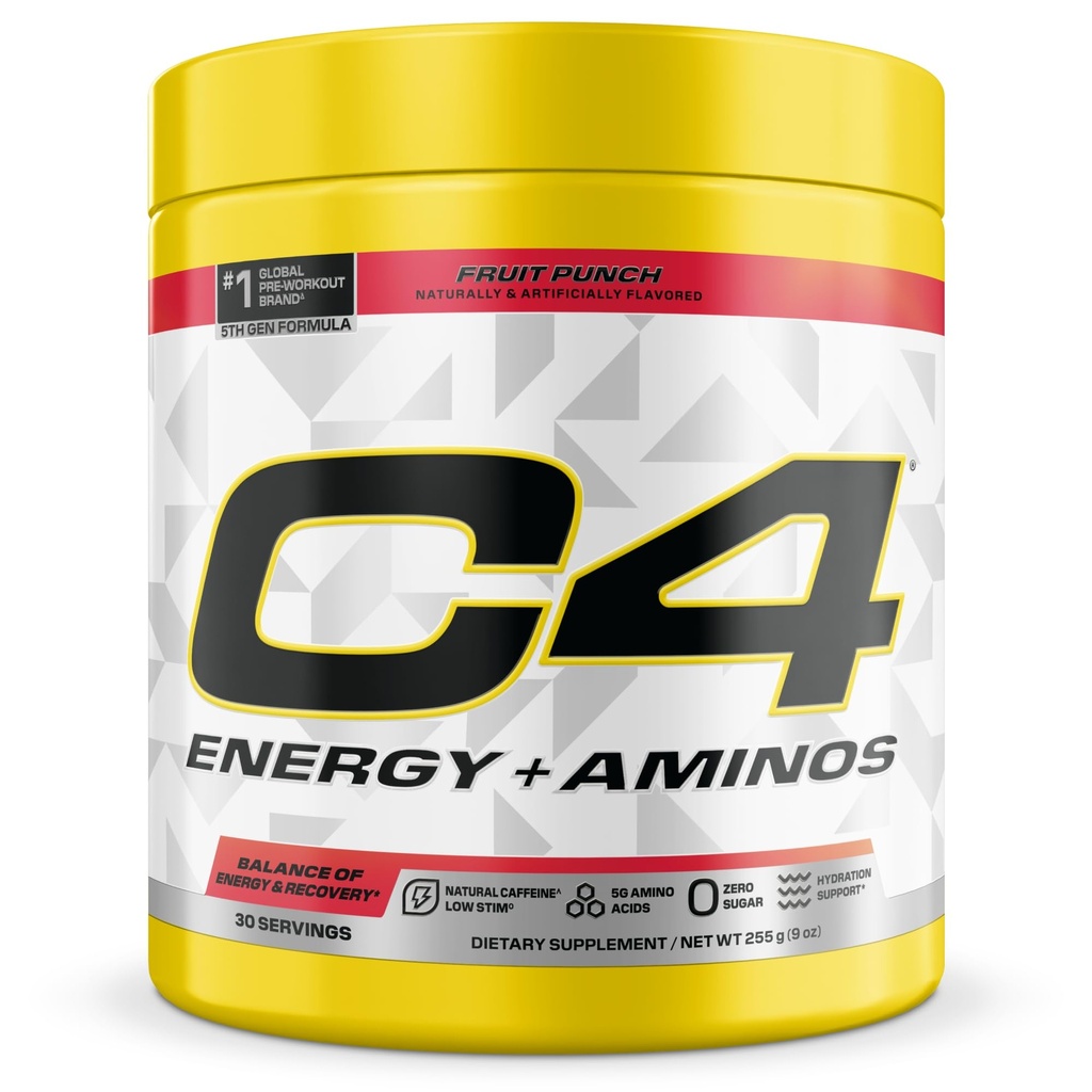 C4 Energy + Aminos Powder, 5g BCAAs & EAAs for Muscle Recovery, 3 Electrolytes for Hydration, 100mg Natural Caffeine, Pre Workout, Zero Sugar, 30 Servings, Fruit Punch