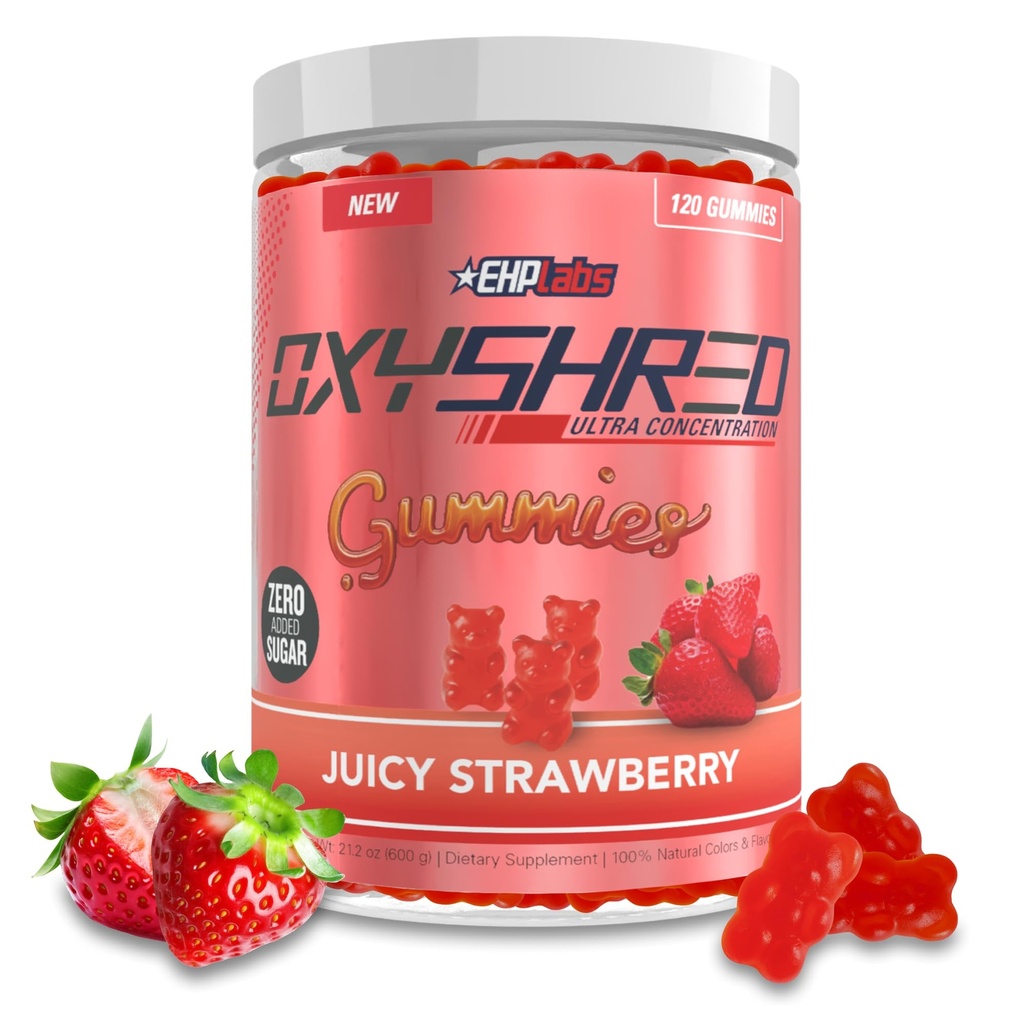 EHP Labs OxyShred Gummies - Pre Workout Gummies & Energy Chews con 100 mg di caffeina, L-Carnitina per Thermo & Metabolic Support, All Natural Energy Boost - Fragola Flavor – 60 Serve