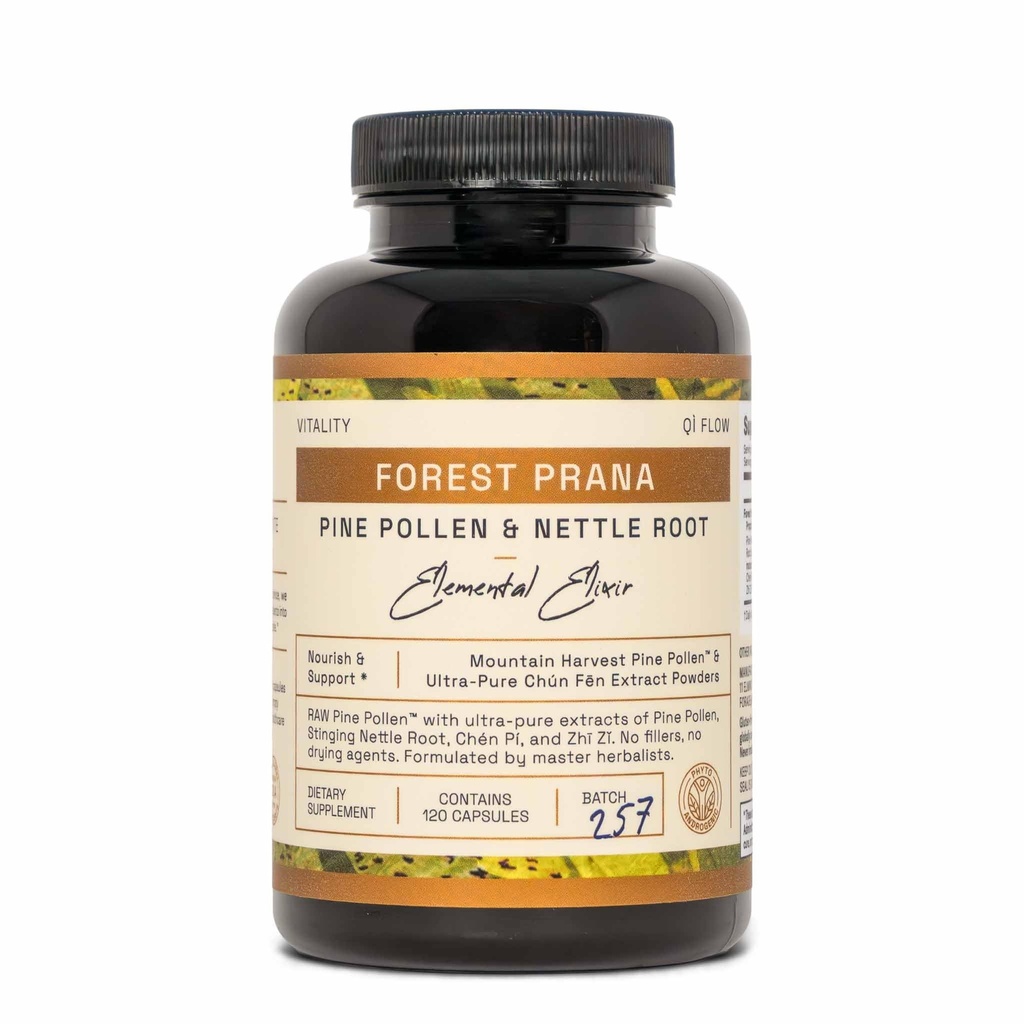 Forest Prana Pine Pollen and Nettle Root Elixir Capsules – Sustained Pine Pollen Support – Single Origin – Vegan, Gluten-Free, & Non-GMO – 120 Count