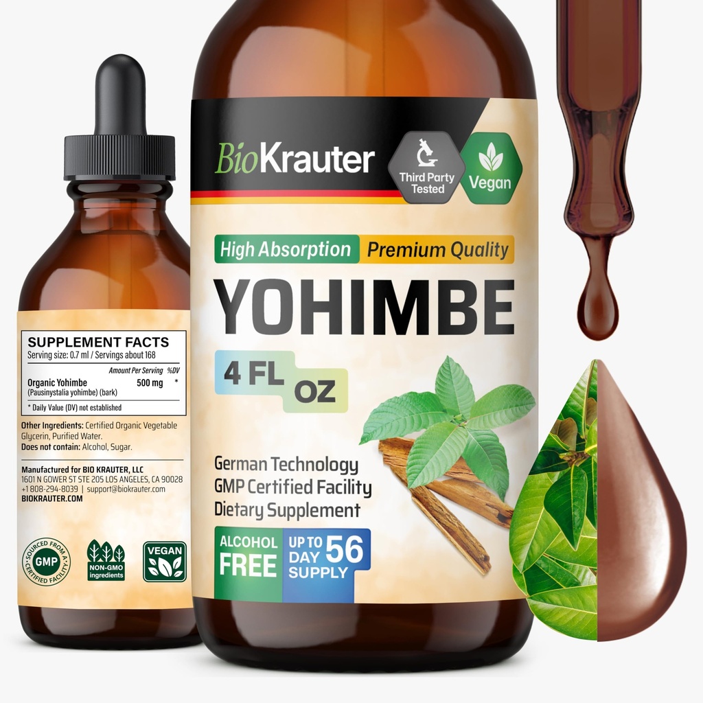 BIO KRAUTER® Yohimbine pour le support de performance - Vegan Yohimbe Suppléments pour hommes et femmes 500 mg par portion (Yohimbe Bark) 4 Fl.Oz., 56 jours d'approvisionnement, sans alcool et sans sucre