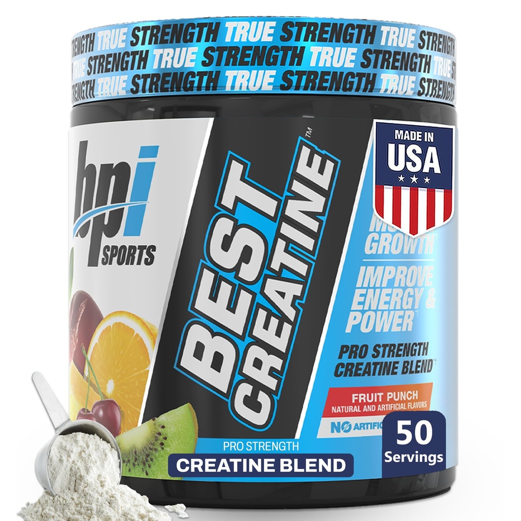 BPI Sports Best Creatine - Polvere monoidrata di creatina per uomini e donne, sale himalayano - Forza, pompa, resistenza, crescita muscolare, definizione del muscolo - No Bloat – Punch di frutta – 50 porzioni – 10.58 oz