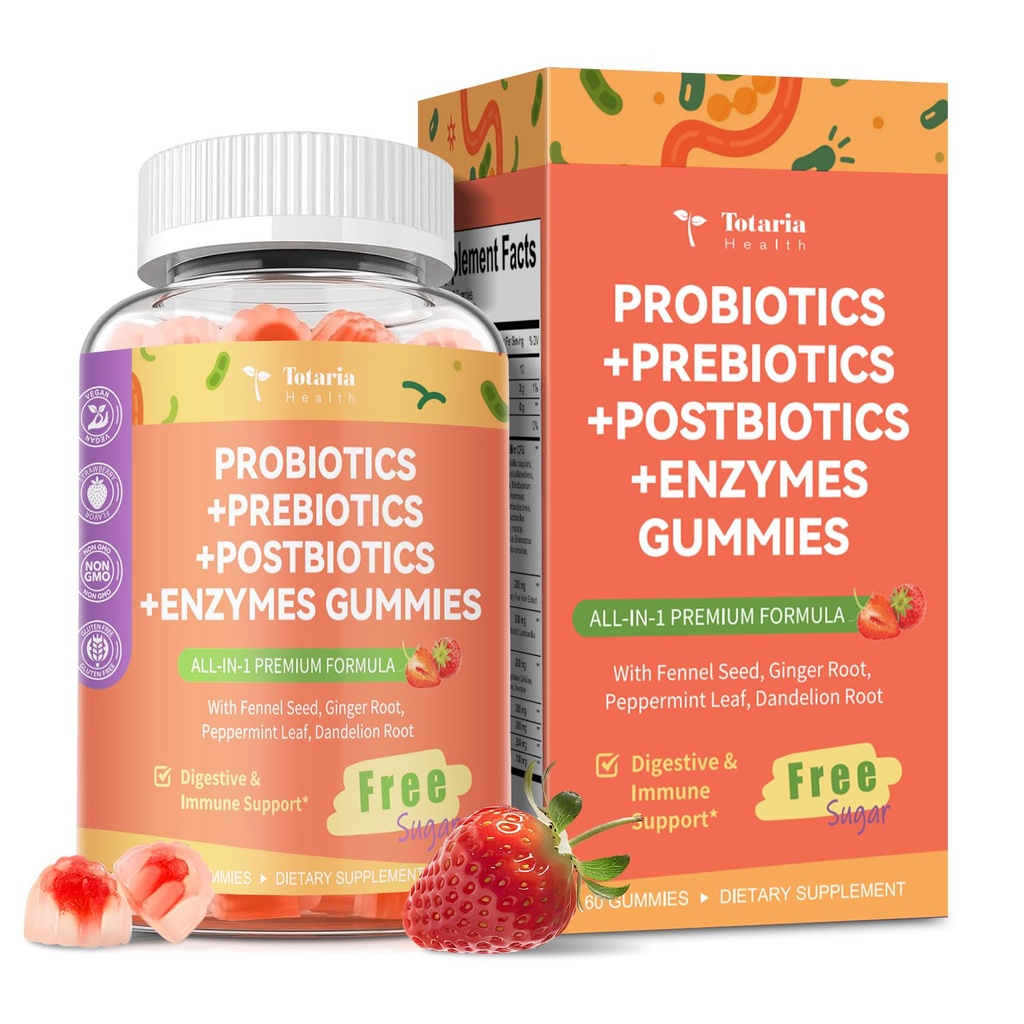 Totaria Sans sucre 5-en-1 Probiotique Prébiotique Gummy, 36 souches Probiotiques pour les femmes hommes avec enzymes digestives, menthe poivrée, Imune complète, Gut & Soutien digestif, Vegan, 60 comtes