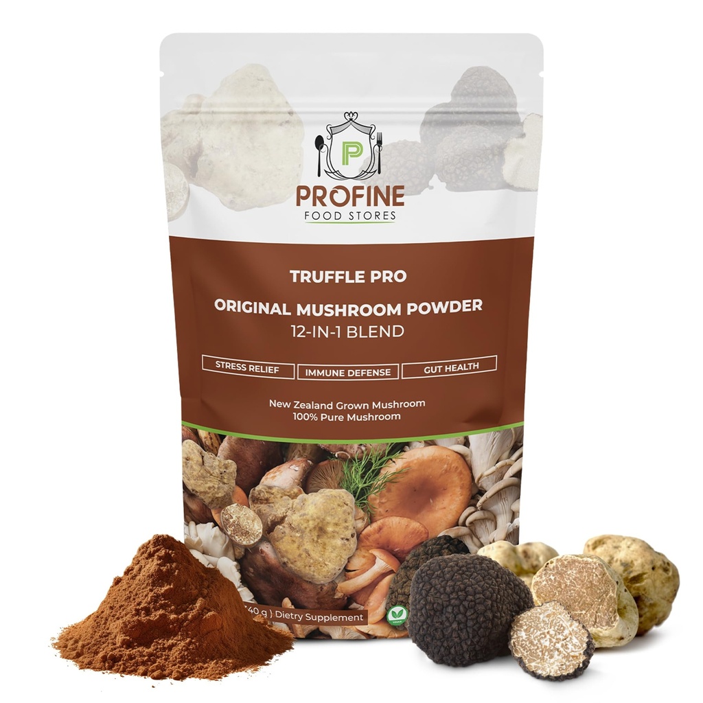 PROFINE Trüffel PRO Pilzpulver 12- in - 1 Super Blend mit schwarzem Trüffel und weißem Trüffel - USDA Organic - Supplement - Zu Kaffee/Tea/Smoothies - Ganze Pilze - keine Füllstoffe