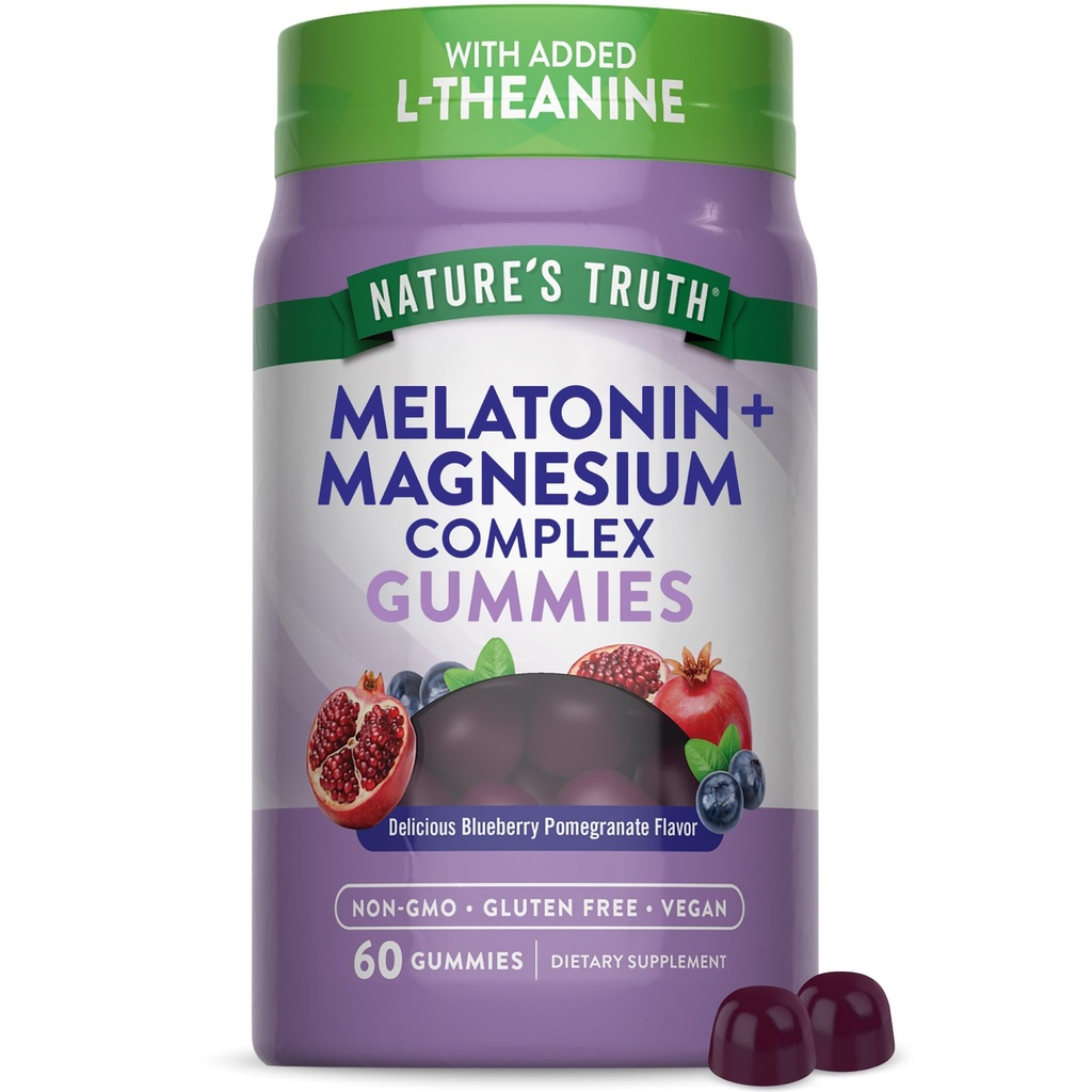 La vérité de la nature Melatonine avec des Gummées de magnésium , 60 Comte , plus L-Theanine , Blueberry grenade Flavor , Vegan , non-OGM et supplément sans gluten