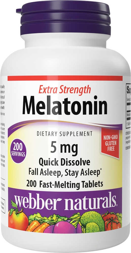 Webber Naturals Extra Strength Melatonin 5mg, Fast-Melting Tablets, 200 Day Supply, 100% Drug Free Sleep Supplement for Adults, Peppermint Flavored, Gluten Free, Non-GMO, Vegetarian Formula