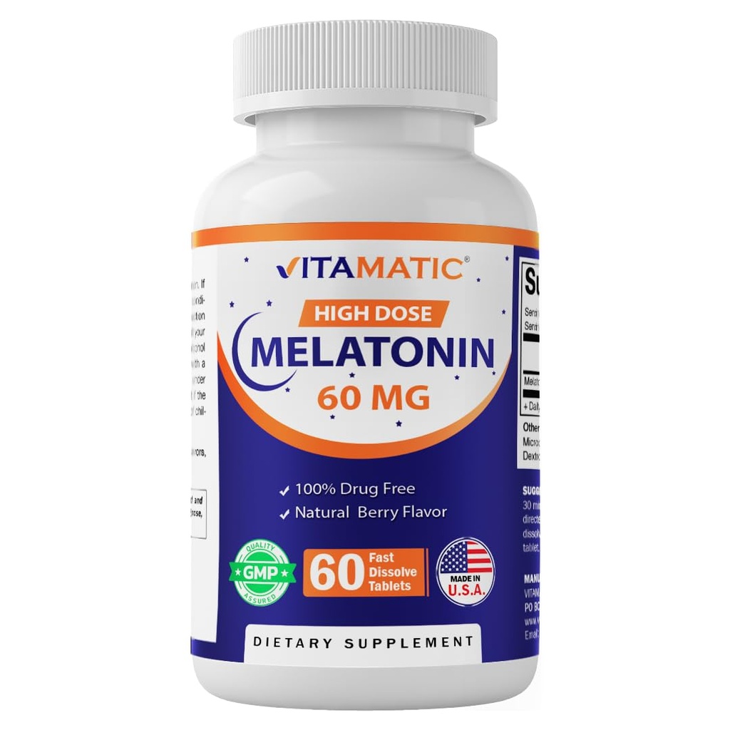 Mélatonine vitamatique 60 mg Comprimés à dissolution rapide - 60 Comprimés végétaliens naturels de saveur de Berry - Formage non-habitant - Non-OGM, sans gluten (1 bouteille)