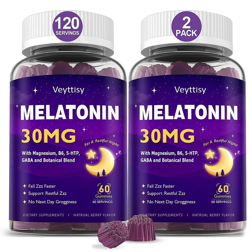 Melatonin 30mg Gummis für Erwachsene - Zuckerfreie Melatonin-Gummie Maximale Stärke mit Magnesium, B6, GABA & Botanical Blend - Nicht-Habit-Bildung, Vegan, Nicht-GVO, natürlicher gemischter Beerengeschmack