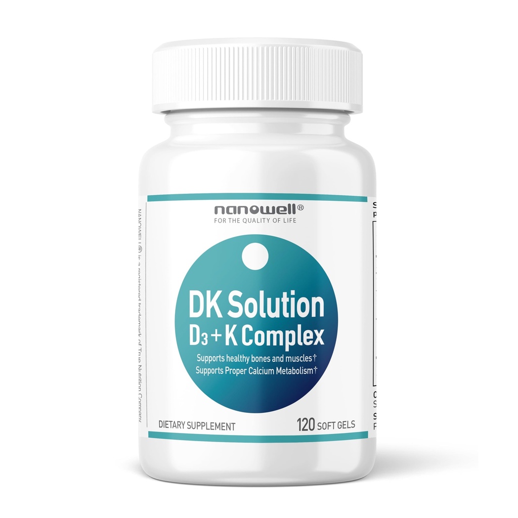 NANOWELL DK Lösung Vitamin D3 2000 IU (50 mcg) + K Complex - Nahrungsergänzungsmittel für Knochen, Muskel und Immungesundheit - 120 Softgels, 120 Tage Versorgung
