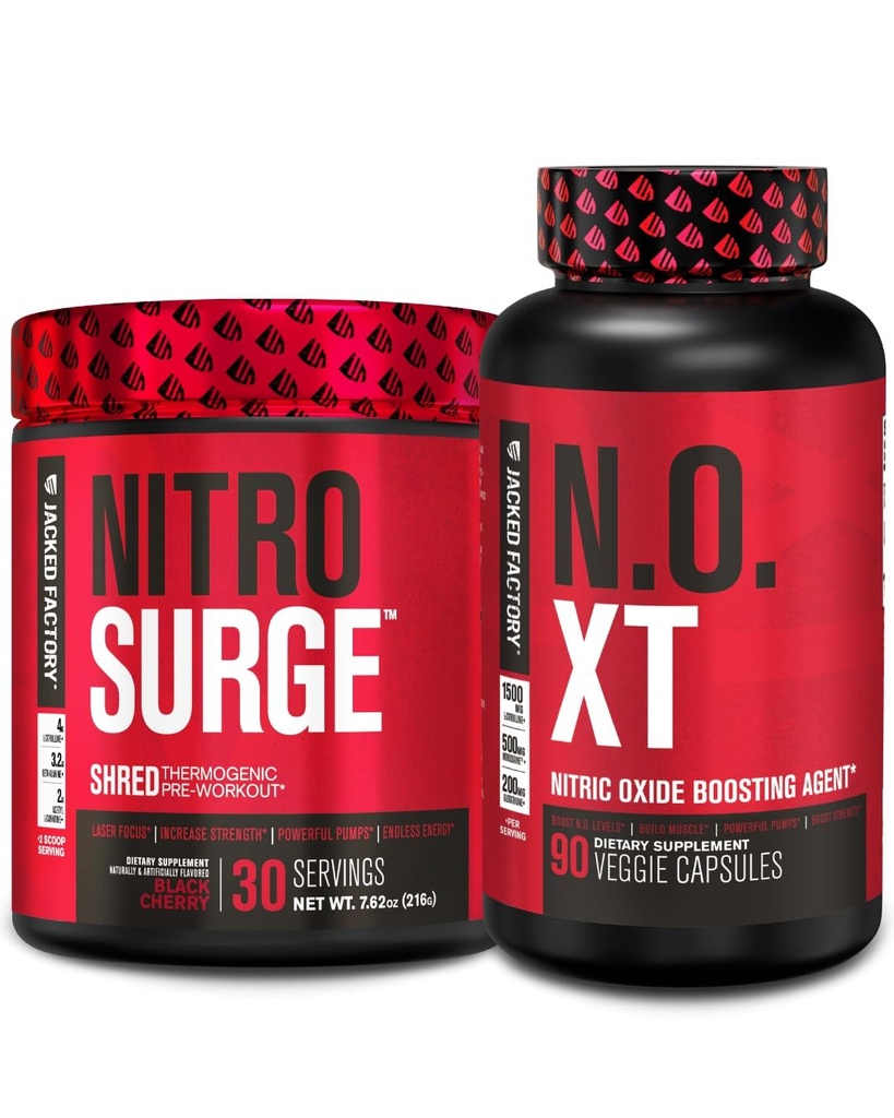 Usine Jacked Nitrosurge Pré-entraînement thermogénique Shred en cerise noire & N.O. XT Booster d'oxyde nitrique pour hommes et femmes