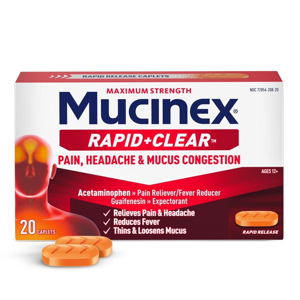 Mucinex Rapid Clear Maximum Strength Cold Medicine & Expectorant, Fever, Pain, Headache, & Excess Mucus Relief with Acetaminophen & Guaifenesin, Rapid Release Caplets for Adults, 20 Count