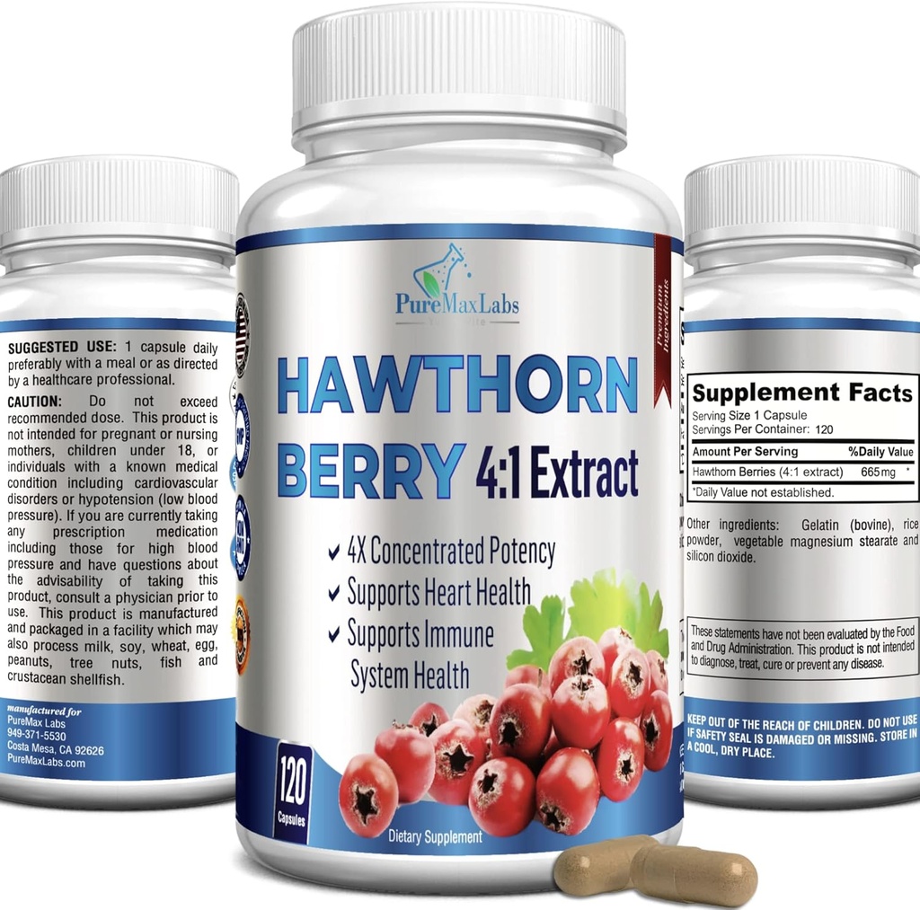 Estratto di bacche di biancospino 4:1 (120 capsule) Supporto di sistema immunitario, Super Antiossidante, Capsule di bacche di biancospino Concentrato da 2660mg