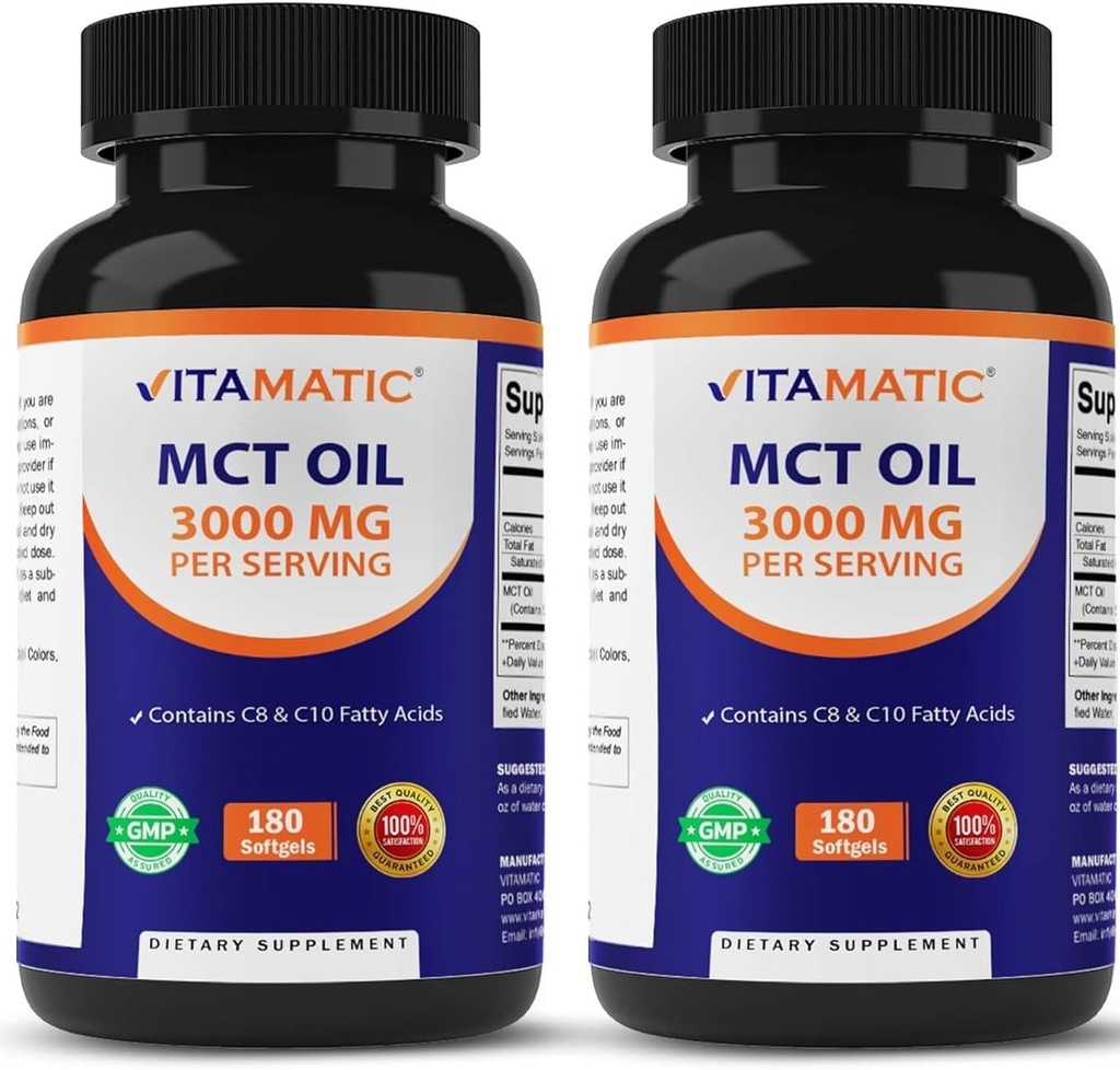 Vitamatic 2 confezioni MCT capsule di olio 3000 mg per porzione - 180 Softgels - da olio di cocco - Contiene 55% acido caprilico C8 e 40% acido caprico C10 (Totale 360 Softgel)