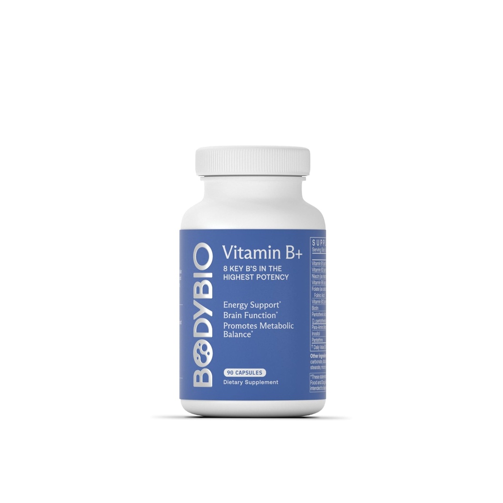 BodyBio - Vitamin B Complex Including B1, B2, B3, B5, B6, Methyl B12, Folinic Acid, 5-MTHF, and B7 to Supports Alertness, Metabolism & Immune System, 90 Capsules