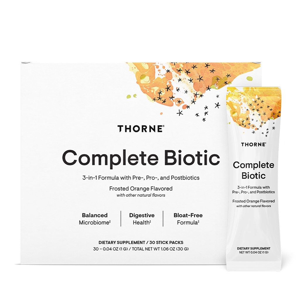 THORNE - Biotique complet - Probiotique, prébiotique et postbiotique pour les femmes, les hommes et les enfants - Soutien à la santé gorgée, digestive et immunitaire* - Constipation occasionnelle, diarrhée, gaz et ballonnement* - 30 portions