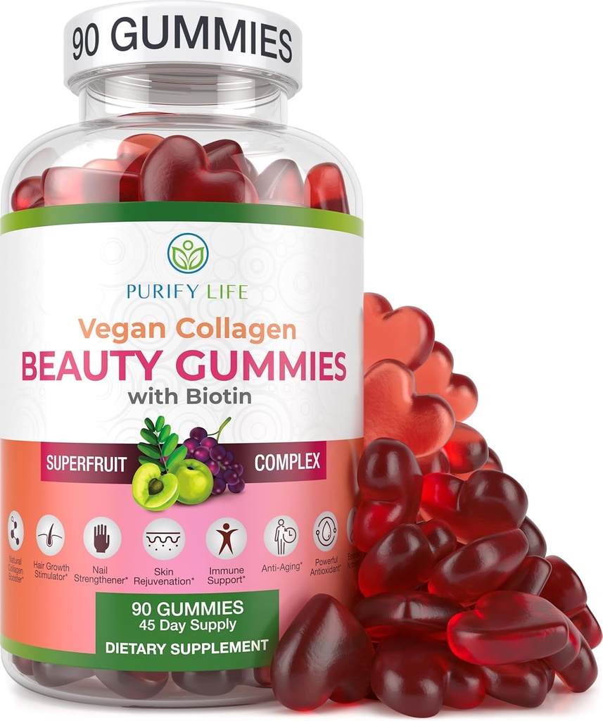 Purificare la vita Vegan Collagen Gummies con Biotin & Saw Palmetto Estratto di Bundle, Vitamine per la salute della pelle dei capelli e delle unghie, Equilibrio ormonale negli uomini e nelle donne, senza glutine & Vegan, sostituisci capsule, pillole