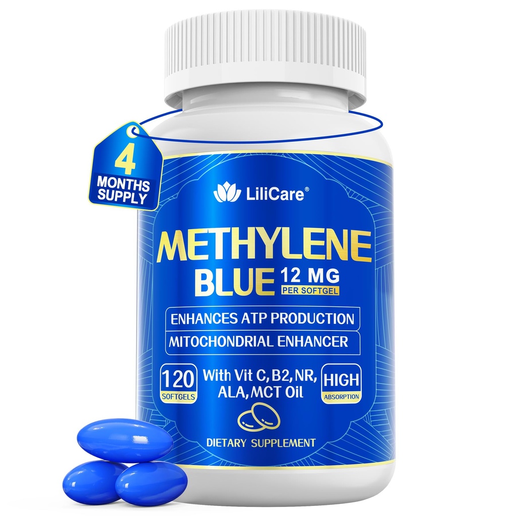 LILICARE Advanced 12mg Methylene Blue Softgels for Humans | Upgraded Brain & Cellular Energy Supplement with CoQ10, NR & ALA | High Absorption Formula, Non-GMO, Mitochondrial & ATP Support, 120 Cts