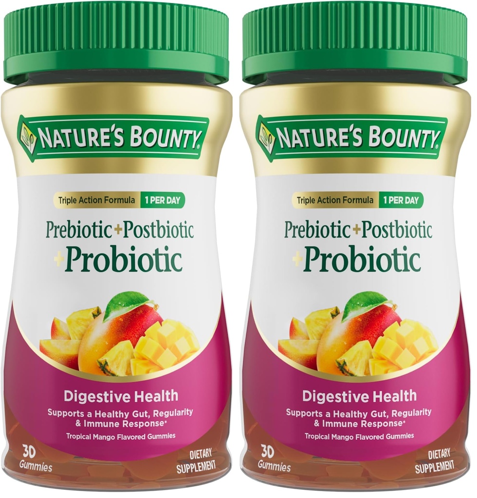 Bounty Pre + Pro + Gummies Postbiotici per la salute digestiva, Supporto immunitario - Probiotici Gummies per Gut Health, Tropical Mango Flavor, 30 Ct (Pack of 2)