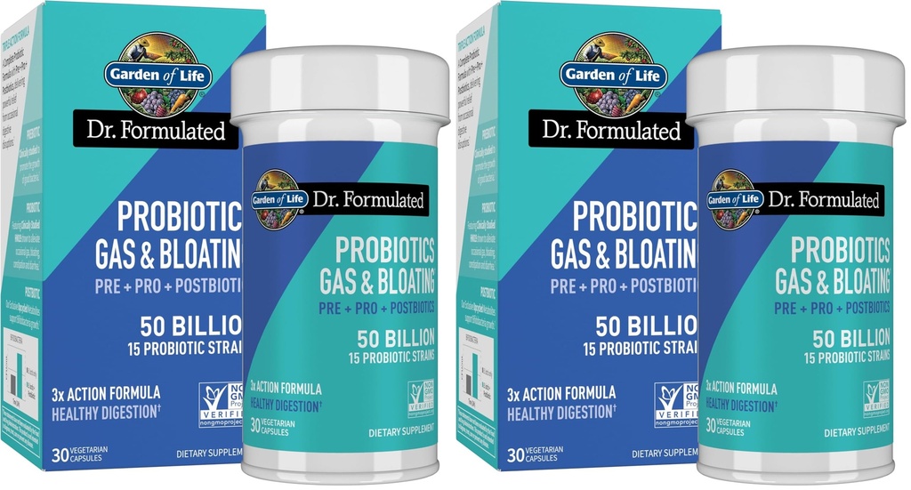 Jardin de la vie Dr Formulé Pré, post et probiotiques Gaz et ballonnement une fois par jour 3-en-1 Prébiotiques complets, postbiotiques et probiotiques – 50 milliards UFC, non-OGM, sans gluten, 30 jours d'approvisionnement, (paquet de 2)