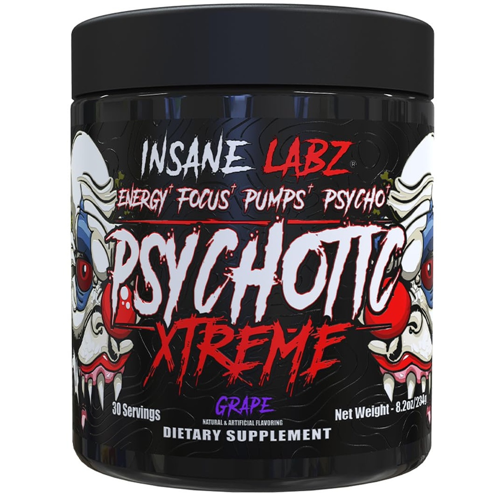 Insane Labz Psychotic Xtreme, High Stimulant Pre Workout Powder, Extreme Lasting Energy, Focus and Endurance with Beta Alanine, Panax Ginseng, Theobromine, DMAE (30 Servings, Grape)