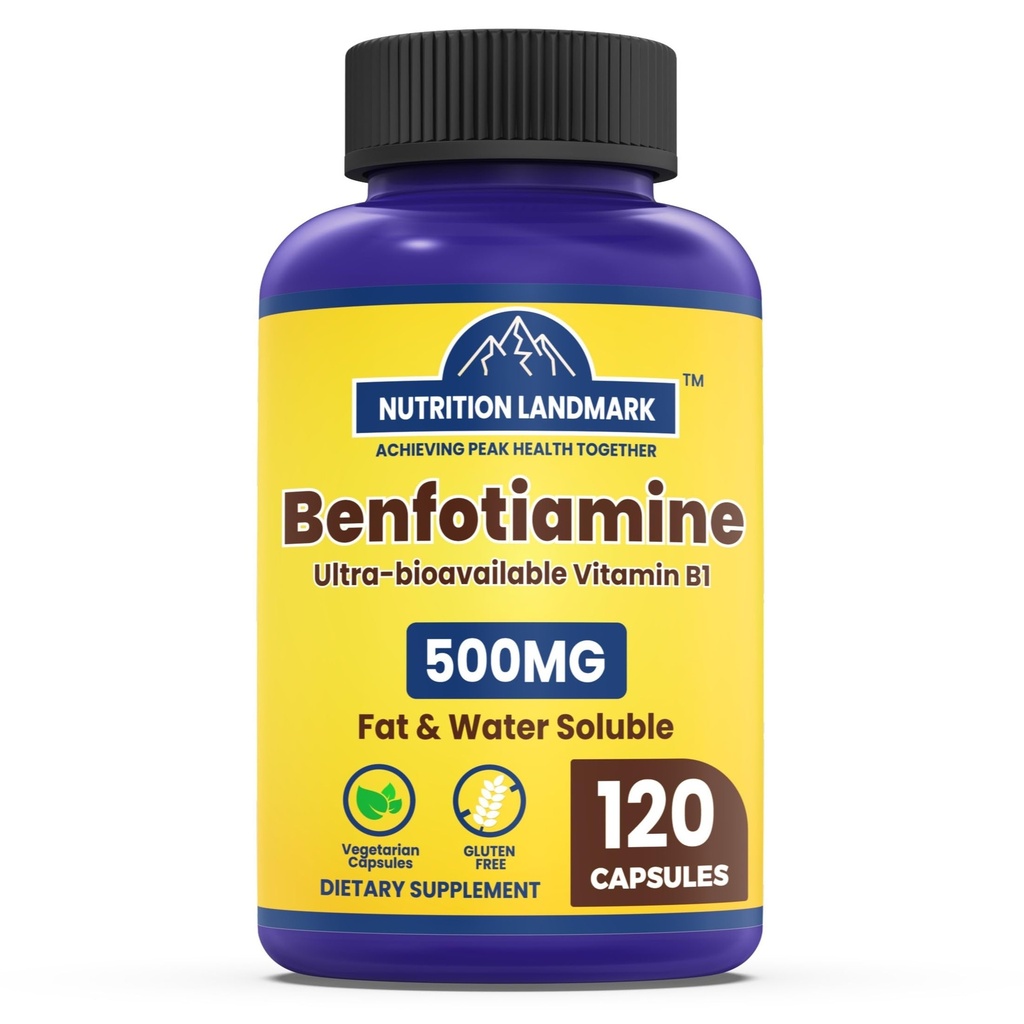 B1 Benfotiamine, 500mg per Serving, 120 Capsules, Fat & Water Soluble Vitamin B1, Gluten Free, Non-GMO, Vegetarian