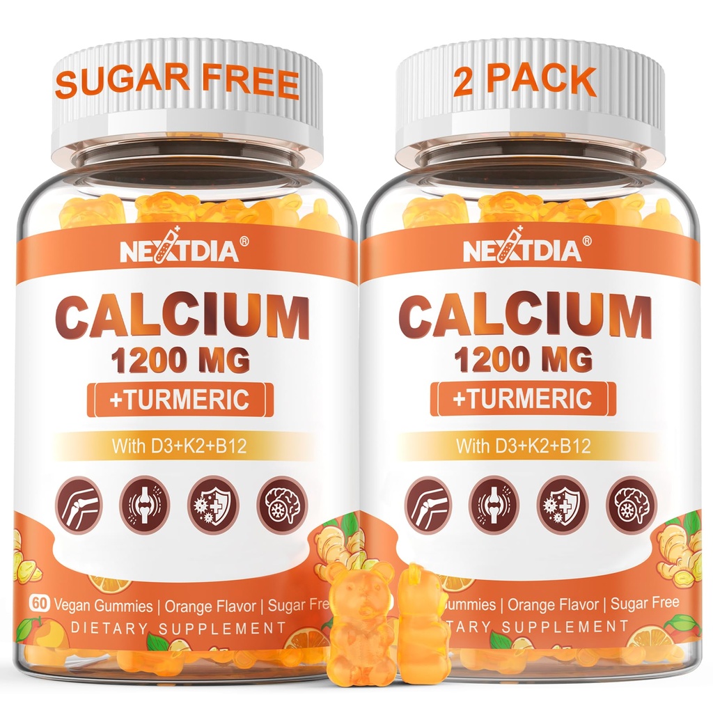 Calcium 1200 mg mit Vitamin D3 Gummi - Kalzium + Kurkuma Ergänzung für Frauen und Männer mit Vitamin K2 B12 - Unterstützung Knochen & Muskel - Zuckerfrei - Vegan (120 Count)