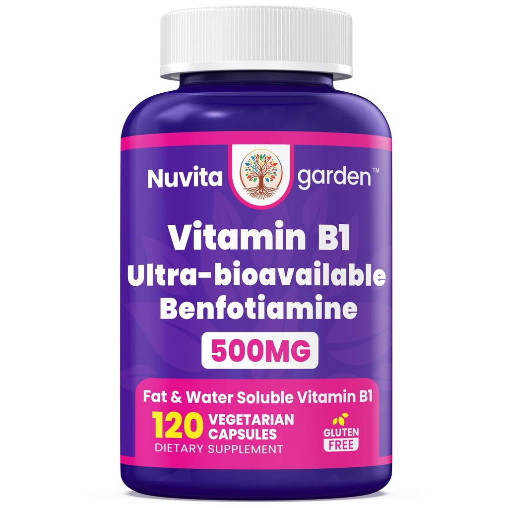 Vitamin B1 500mg with Benfotiamine, 120* Capsules - Fat & Water Soluble Thiamine B1 Supplement-Non-GMO, No Gluten- - Third Party Tested