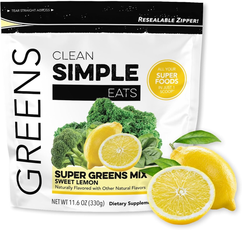 Nettoyer les aliments simples Super Greens en poudre, naturellement aromatisés Greens en poudre avec Chlorella, Spiruline, Superfoods et fibre prébiotique, Pas d'ingrédients artificiels, Sans gluten, Saveur de citron doux, 30 portions