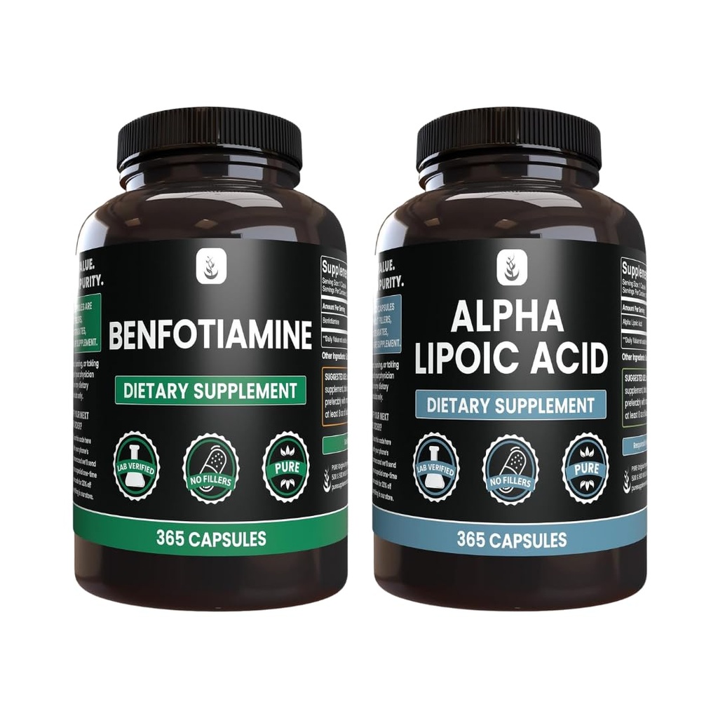 PURE ORIGINAL INGREDIENTS Benfotiamine & Alpha Lipoic Acid Capsule Bundle (365 Capsules), Always Pure, No Additives or Fillers