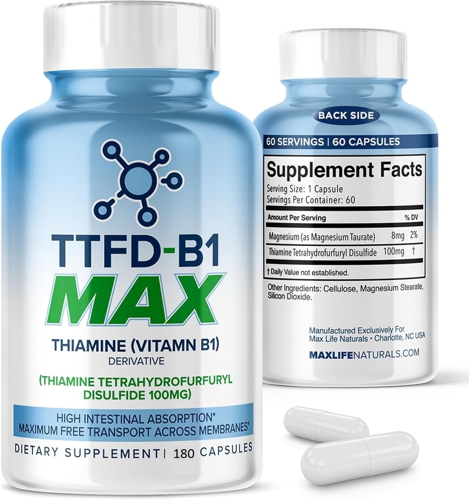 MAXLIFE NATURALS TTFD Thiamine B1 Supplement – 180 Capsules, High Potency Vitamin B1 Thiamine Supplement to Supports Optimal Nerve Function, TTFD-B1 Max Formula with Magnesium, Made in USA