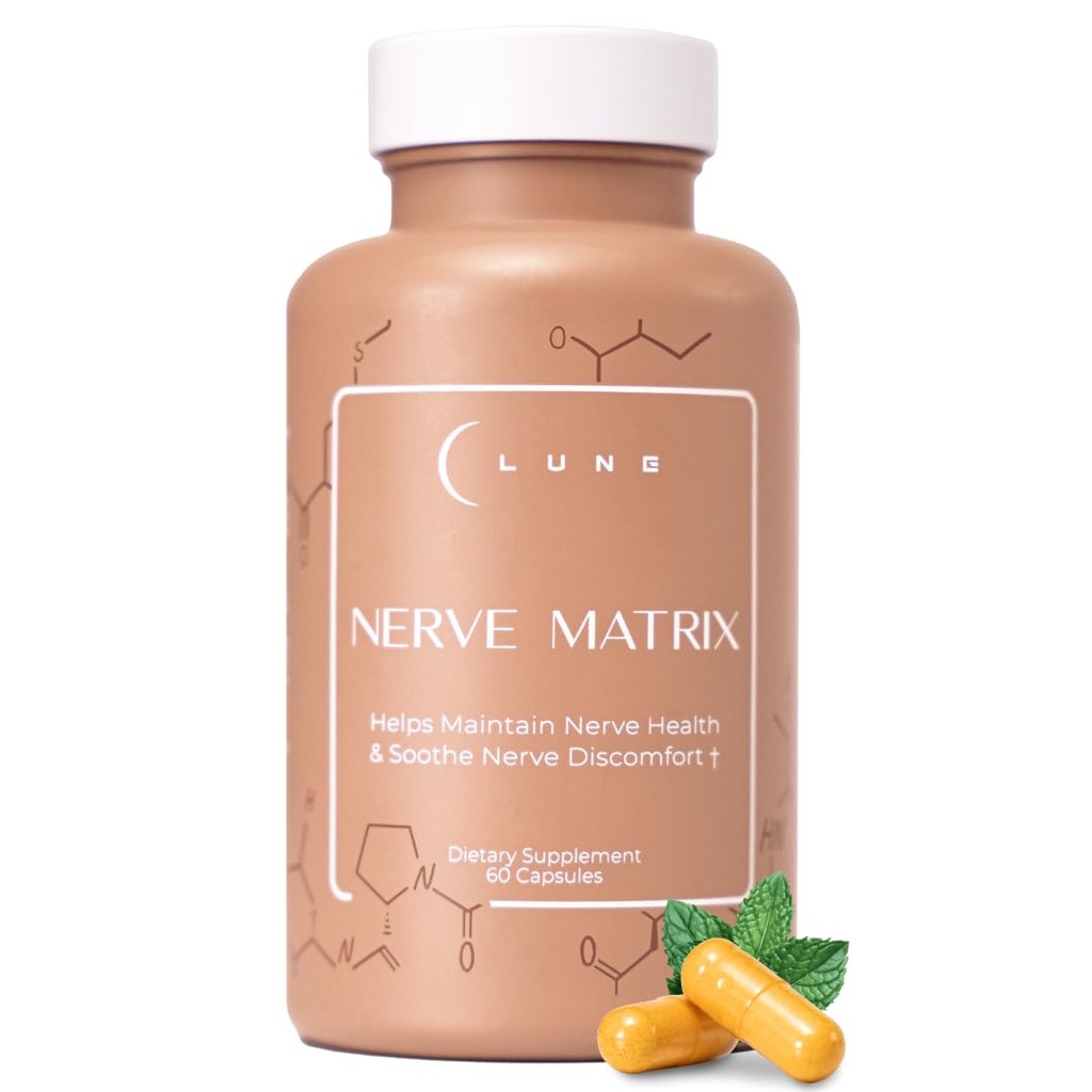 Lune Nerve Matrix™ Nerve Support Supplement – Daily Formula for Tingling, Burning & Numbness in Feet & Hands – with R-ALA, Curcumin, B Complex, Benfotiamine & Citicoline – 60 Capsules