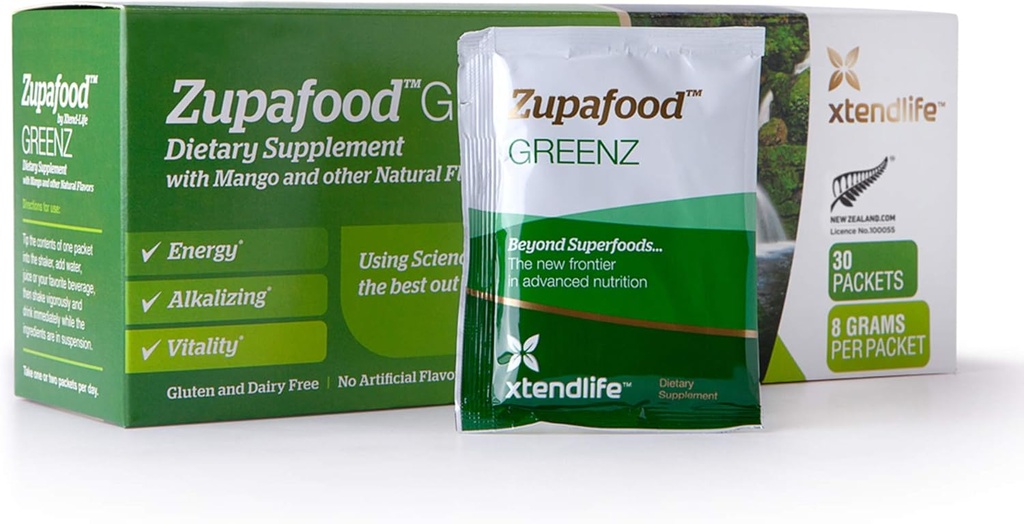 Xtendlife Zupafood GREENZ Polvere - Organic Greens Powder Superfood Detox Juice Mix con Spirulina/Wheatgrass per Gut Health, Natural Detoxification & Strong Immunity | 30 Packs (Vegan & Gluten Free)