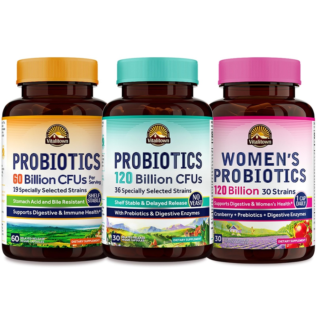 Vitalitown Probiotic Bundle (Pack of 3) | 60 Billion CFU Probiotics, 120 Billion CFU Probiotics & Women’s Probiotics | Shelf Stable, for Gut & Vaginal, 30 Day Supply Each