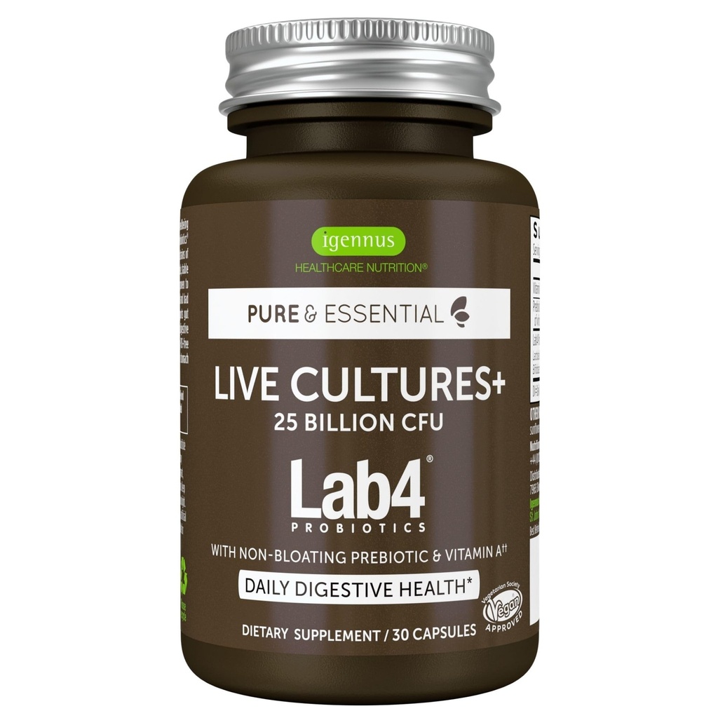 Igennus Probiotics & Prebiotic 2 in 1, Lactobacillus Acidophilus & Bifidobacterium, Gut Health Support, Live Cultures+ Lab4, Garantied 25 Billion CFU, Women & Men, Non-Bloating, Non-GMO, 30 Capsules