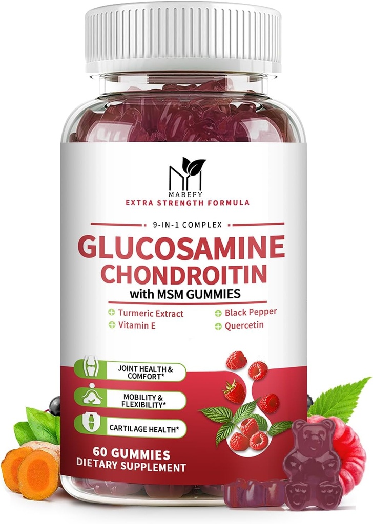 Glucosamin Chondroitin Gummis Triple Strength (1.000mg Glucosamin,750mg Chondroitin) mit MSM, Turmeric, Quercetin, Vitamin E, Joint Support Supplement, Antioxidant 60 Gummis Raspberry Flavor