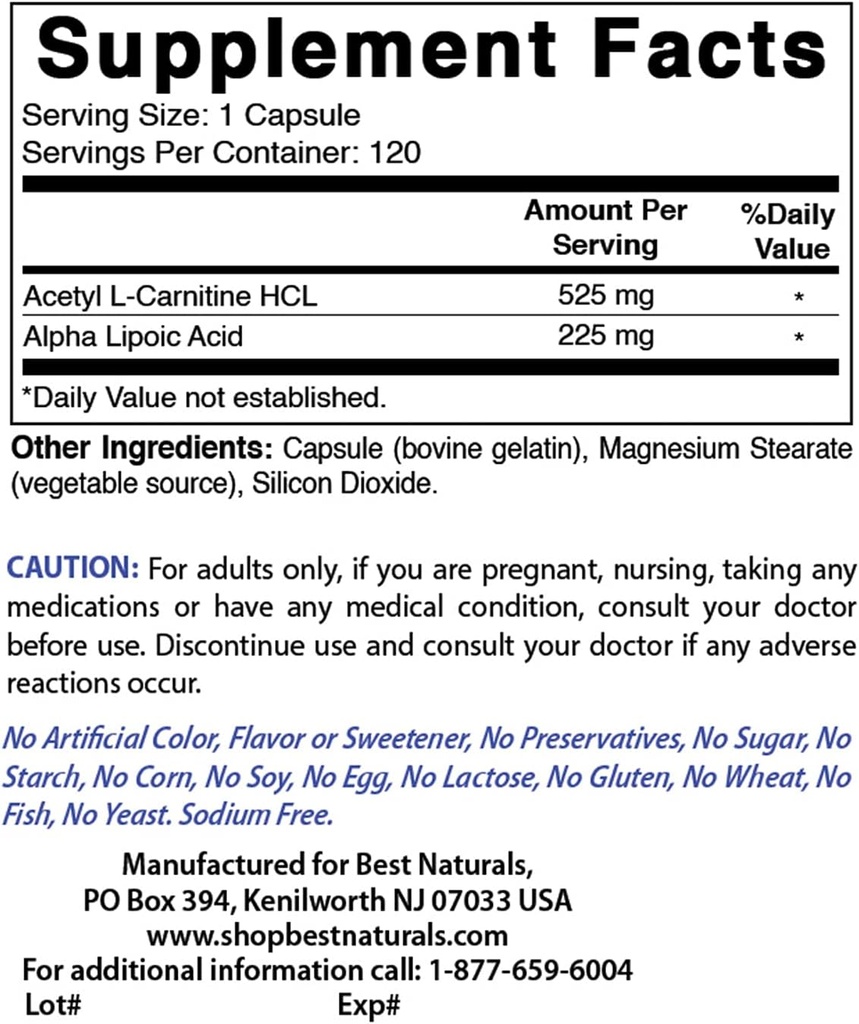 Best Naturals Acetyl L-Carnitin und Alpha Liponsäure 750 mg & Zink Gluconate 50mg