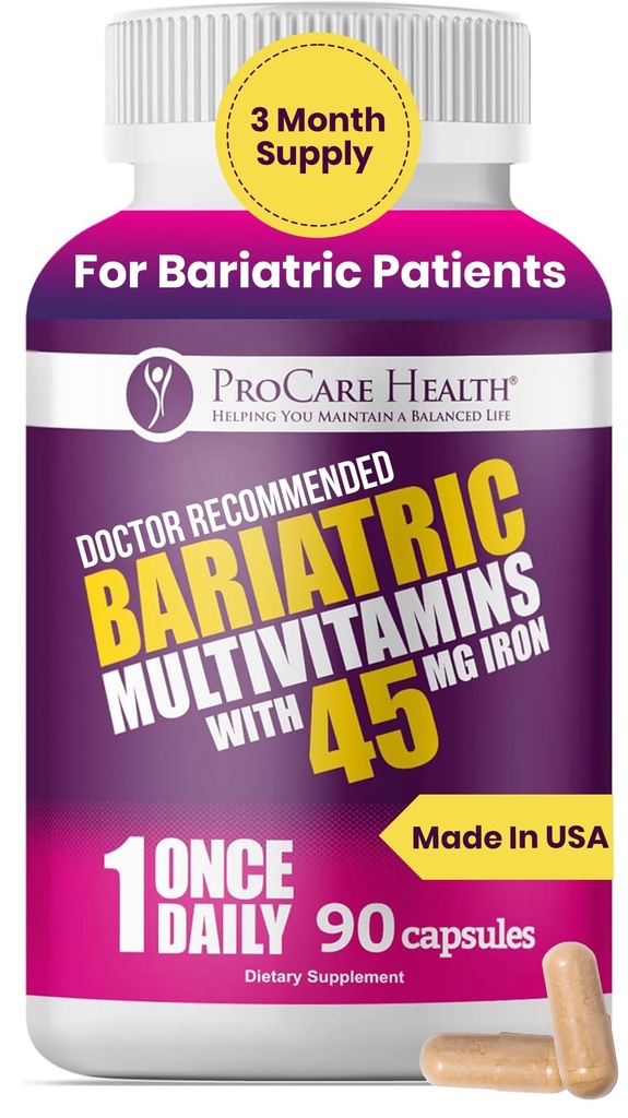 ProCare Health Bariatric Multivitamin 45mg Iron – Once Daily Capsule for Gastric Bypass, Sleeve & Post-Op Support – 90 Easy-to-Swallow Capsules, 3-Month Supply, No Artificial Colors, Gluten-Free