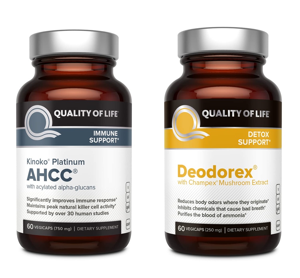Qualità della vita Tutto Supporto Immune Naturale e Detox Bundle - Kinoko Platinum AHCC Mushroom Extract - Deodorex Support Supplement