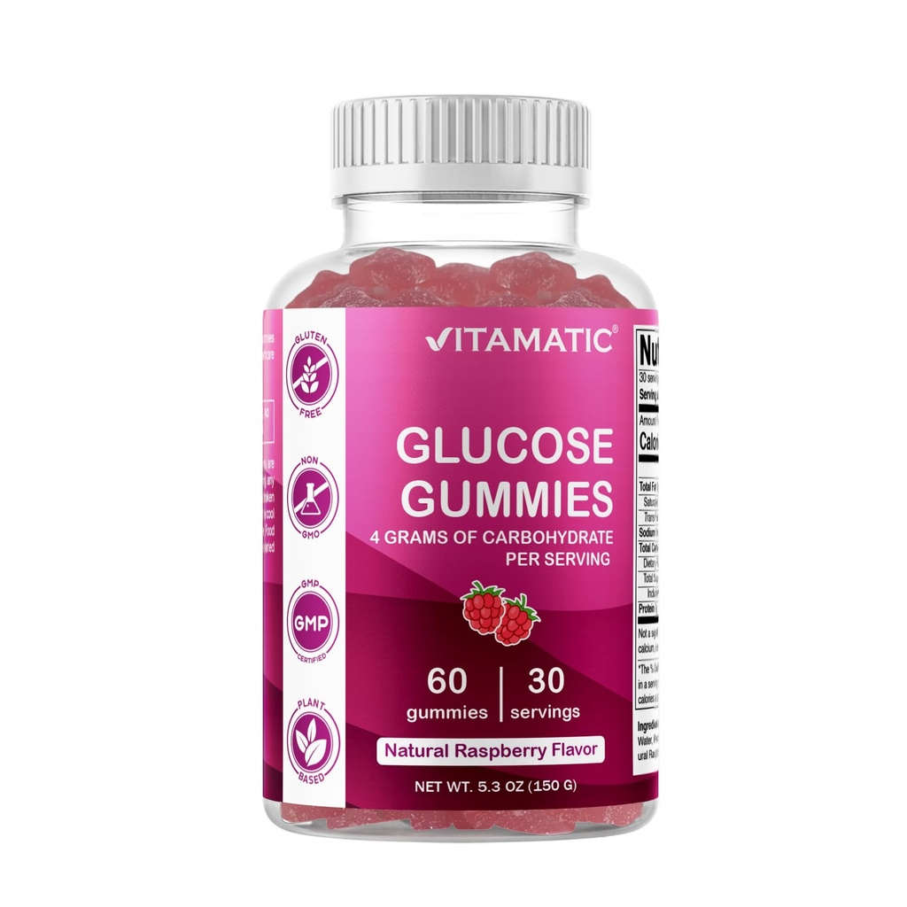 Gummées à croquer de Glucose Vitamatique - 60 Compte - Flaveur de framboise naturelle - 4G de glucides par portion (1 bouteille)