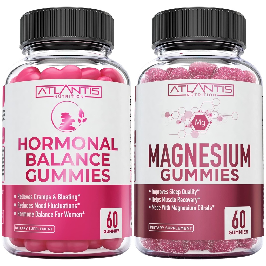 Équilibre hormonal & Gommies de magnésium pour les crampes musculaires, les Gommies de SPM Allégation Bloating & Mood Swings, Magnésium aide à prévenir les crampes et favorise la récupération musculaire - 60 Gommies végétaliens par bouteille