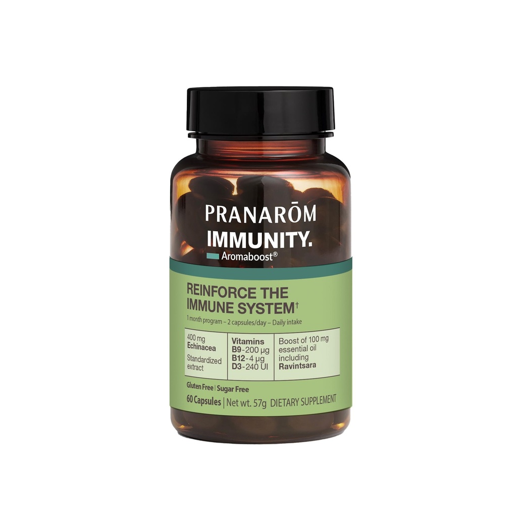 Pranarom - Aromaboost Immunity Herbal Supplement - Black Cumin, Echinacea, Vitamine B9, B12, D3, Pure Ravintsara Olio essenziale per il supporto immunitario - 60 capsule