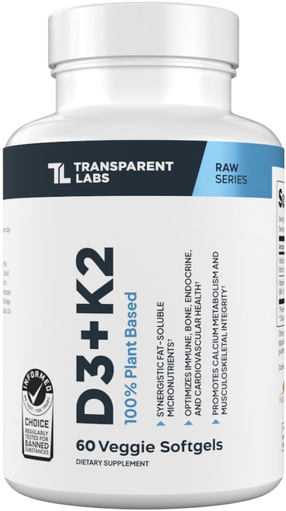 Laboratoires transparents Vitamine D3 K2 - Vitamine D & K2 Supplément de vitamine pour les hommes et les femmes, Végétaux-Amis D3K2 5000 UI Suppléments pour soutenir la santé osseuse, immunitaire et globale - K2 D3 60 Capsules