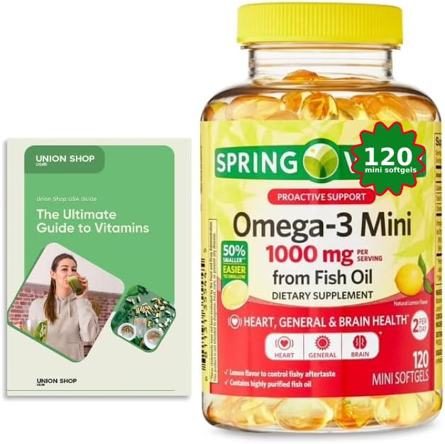 Spring Omega-3 Mini from Fish Oil 1000 mg, 120 Count, Dietary Supplement, Omega 3 Mini Softgels Bundle with Vitamin Guide (2 Items)