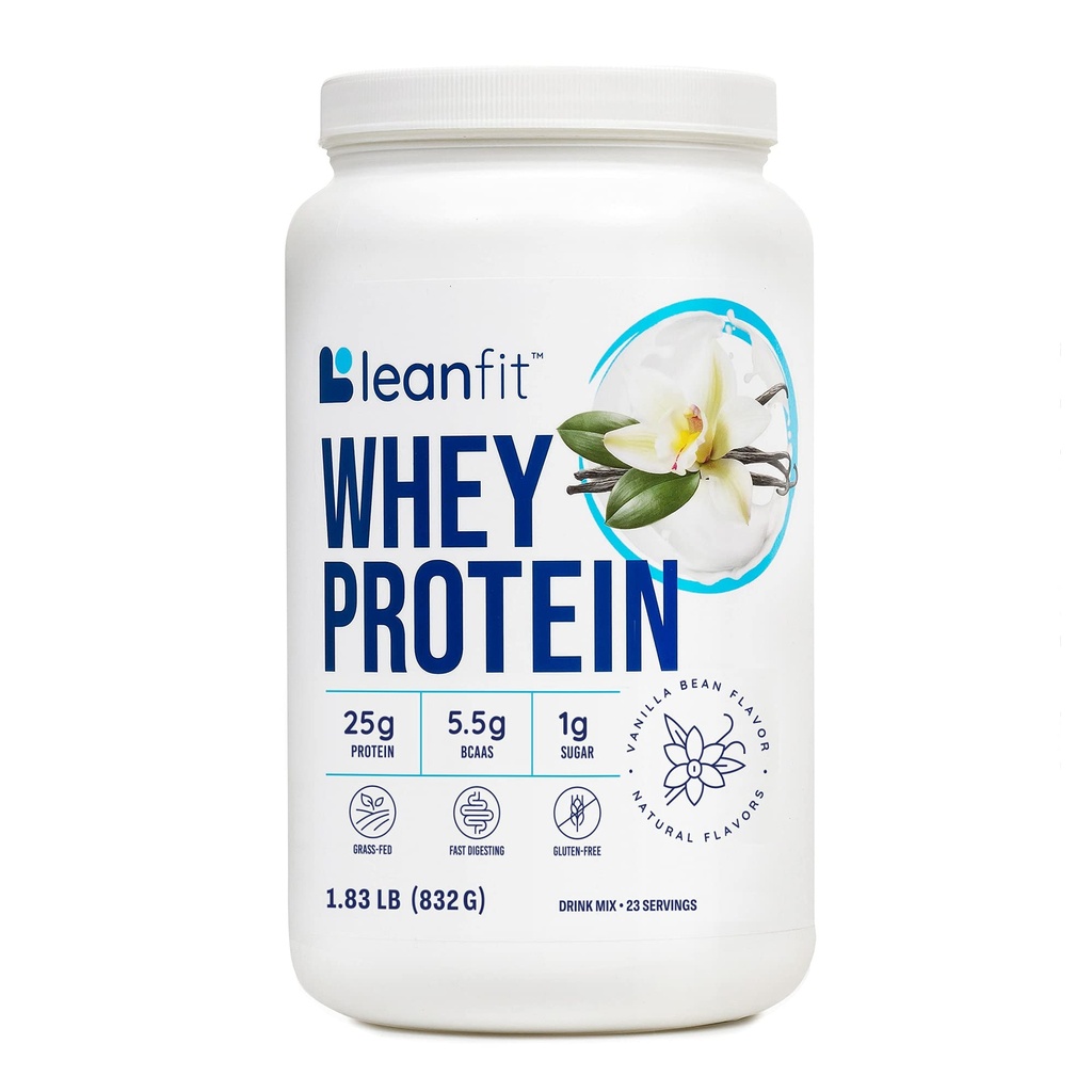 LeanFit WHEY Protein Natural Vanilla – 100% Whey Protein Powder, 24g Protein Per Serving – Grass-Fed, Gluten-Free, Low Carb, BCAAs, Amino Acid – 23 Servings, 1.83 Pound Tub