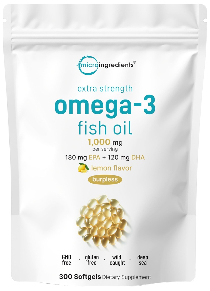 Micro Ingrédients Extra Strength Omega 3 Suppléments Huile de Poisson 1000mg par portion, 300 Softgels