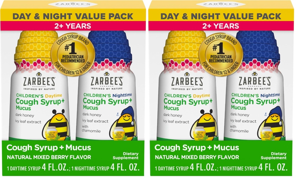 Zarbee's Kinder Honig Husten Syrup + Mucus Tag & Nacht Wert Pack,Daytime & Nacht Kleinkind Cough Syrup, Dunkel Honig, Ivy Blatt Extrakt,Khamomile,Mixed Berry Flavor,4 Fl Oz,(Pack von 4)