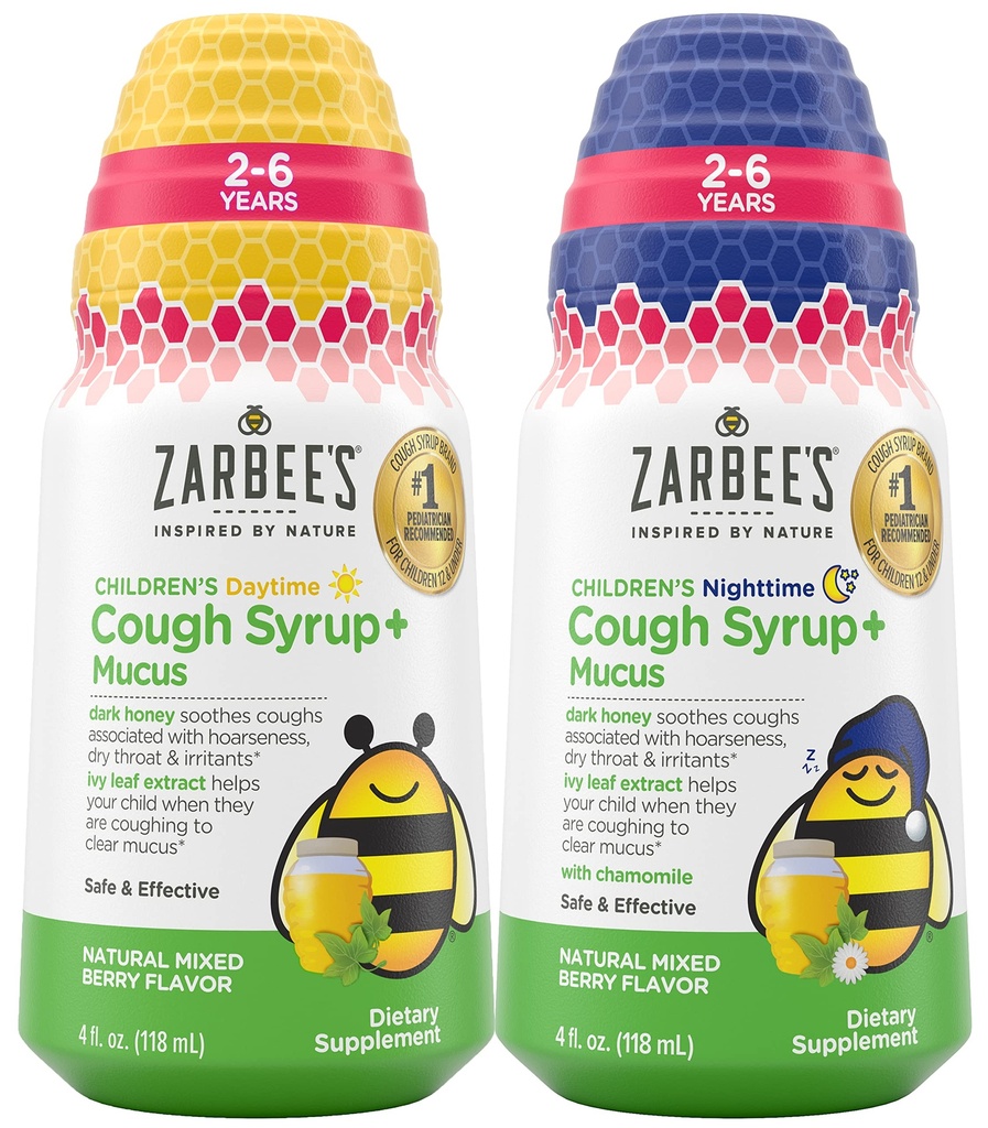 Bundle of Zarbee's Kids Cough + Mucus Daytime and Nighttime for Children 2-6 with Dark Honey, Ivy Leaf, Zinc & Elderberry, 1 Pediatrician Consigliato, Droga & Alcohol-Free, Mixed Berry Flavor, 4FL Oz
